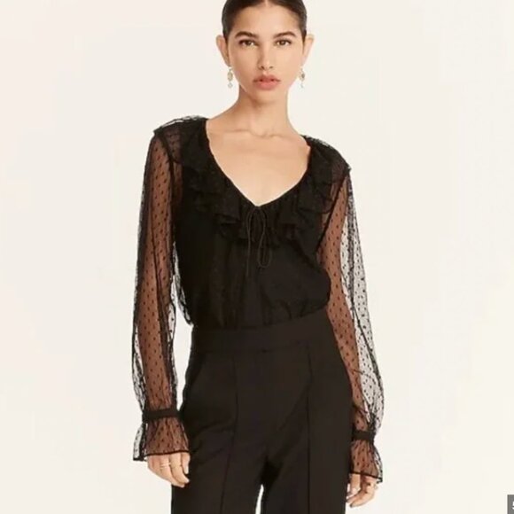 J. Crew Tops - J. Crew Black Sheer Ruffle Blouse Witchy Goth Swiss Dot Whimsigoth Plus Size 2X